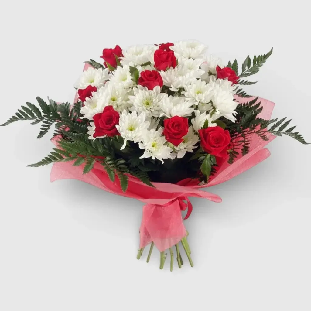 Bouquet of Red Roses & White Chrysanthemums "Undivided"