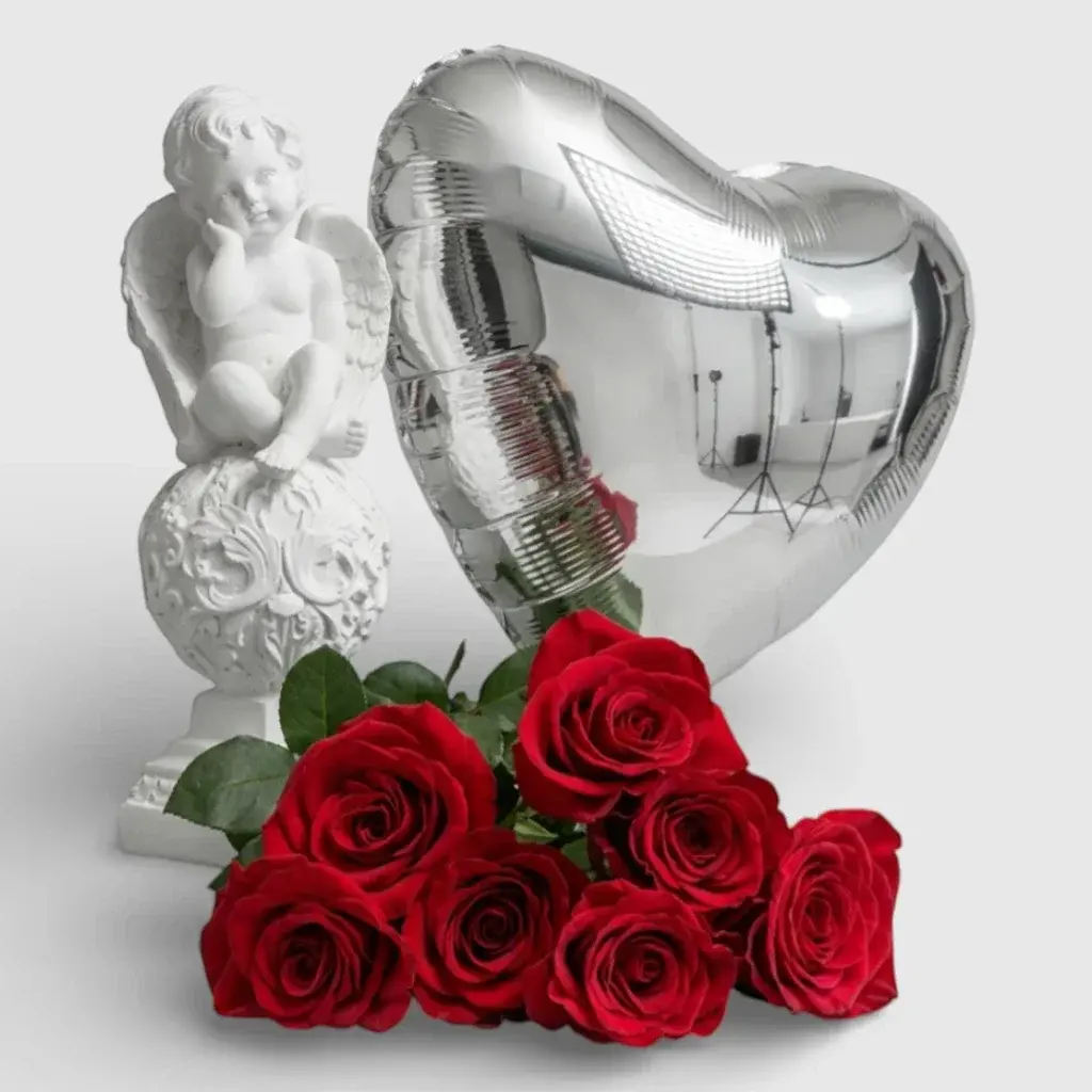 Red Roses& Silver Helium Balloon Mylar Gift Set For Angel