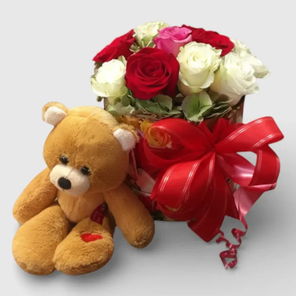Roses in a Luxury Box and Teddy Bear