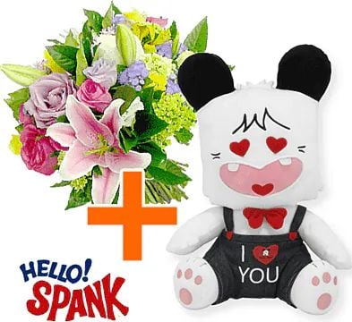 Hello Spank with 12" Black T-Shirt + Flowers (Classic Composition)