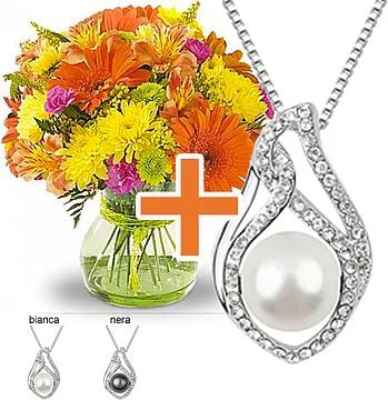 Necklace with Swarovski Crystal + Flowers (Classic Composition)