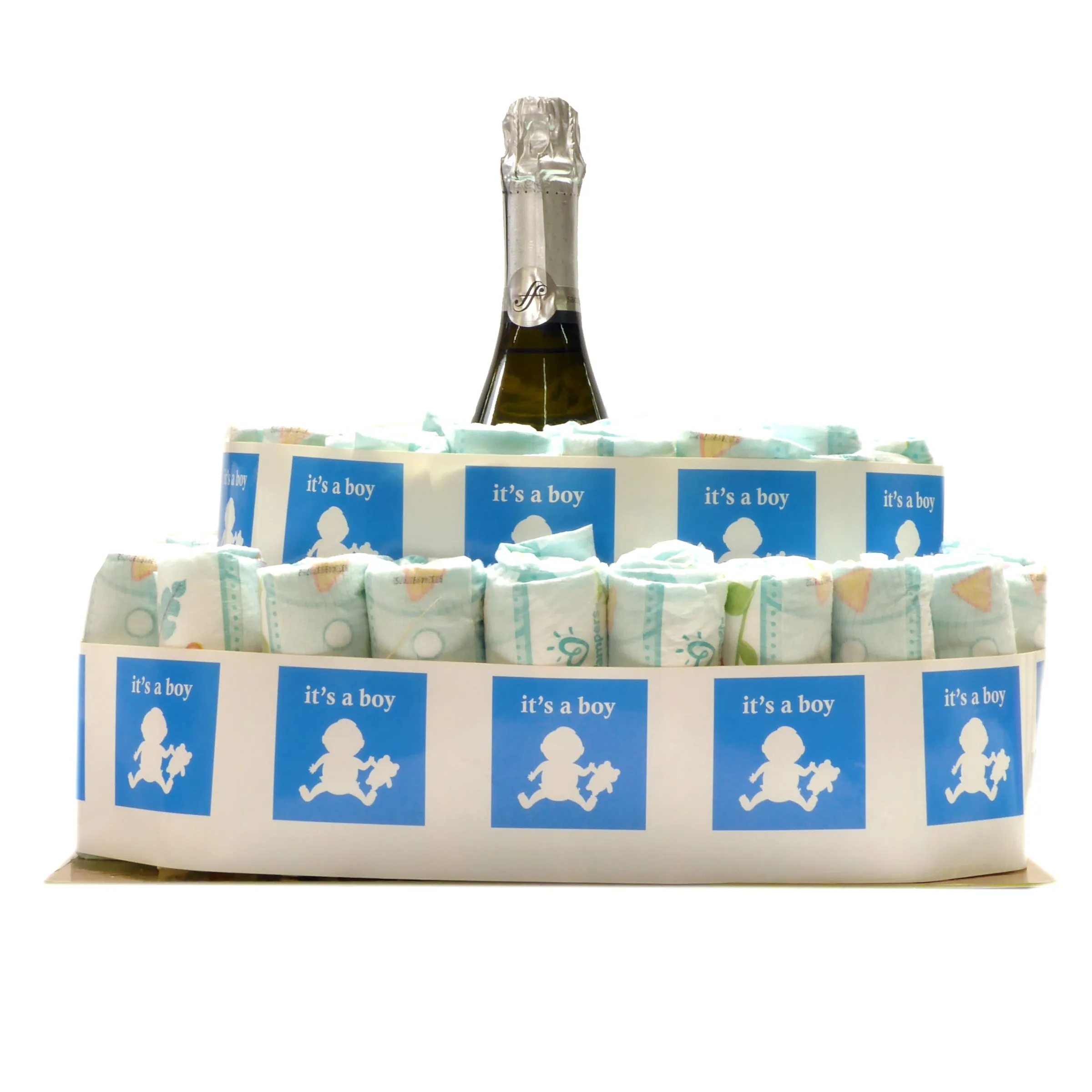 Diaper cake "Hoera een jongen" with Italian Prosecco