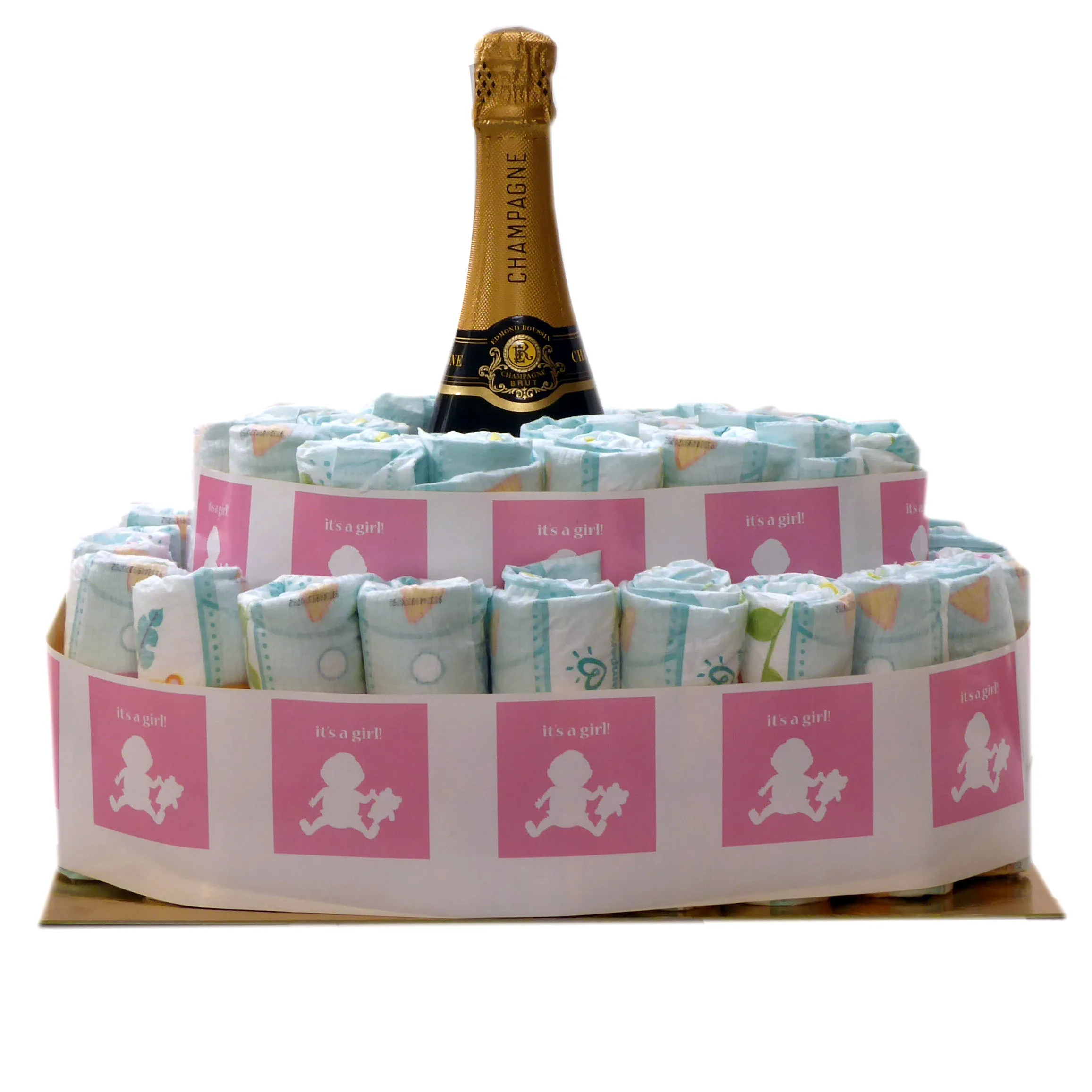 Diaper cake "Félicitations c'est une fille" with Champagne