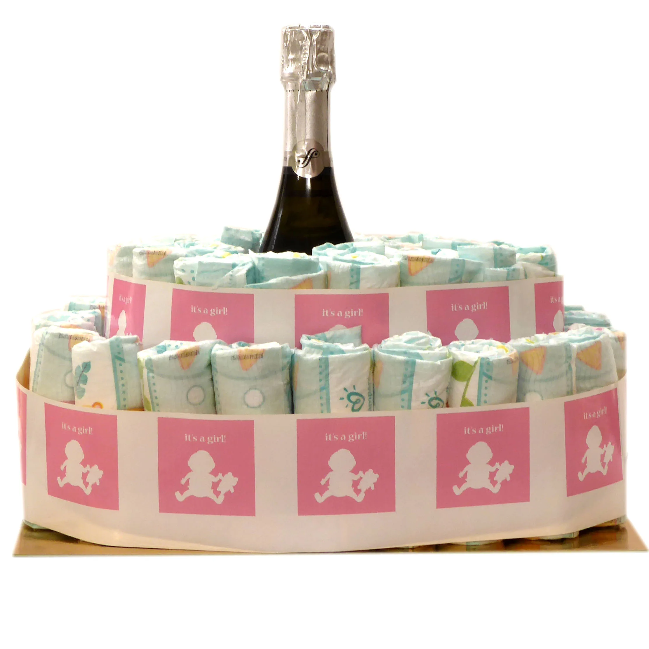 Diaper cake "Félicitations c'est une fille" with Italian bubbels