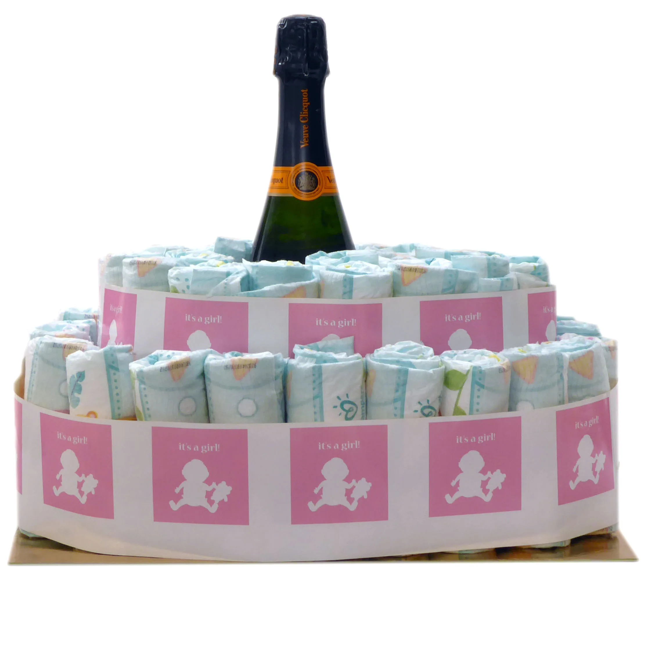 Diaper cake "Félicitations c'est une fille" with Veuve Clicquot