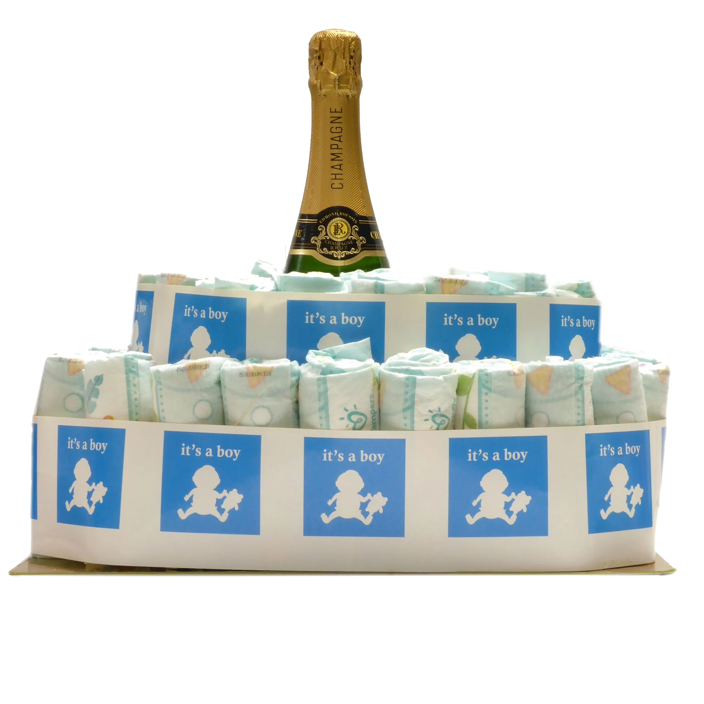 Diaper cake "Félicitations un garçon" with Champagne