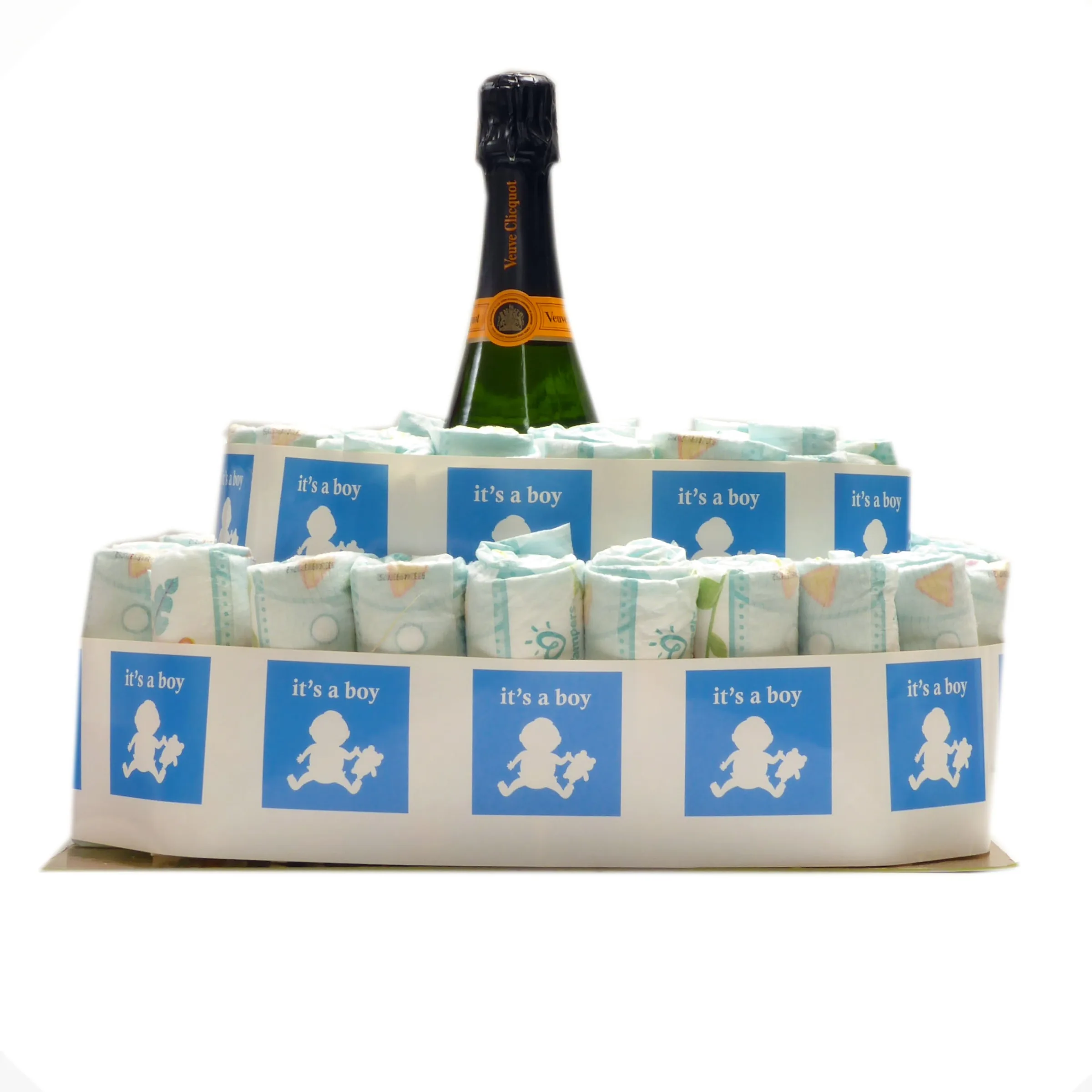 Diaper cake "Félicitations un garçon" with Veuve Clicquot