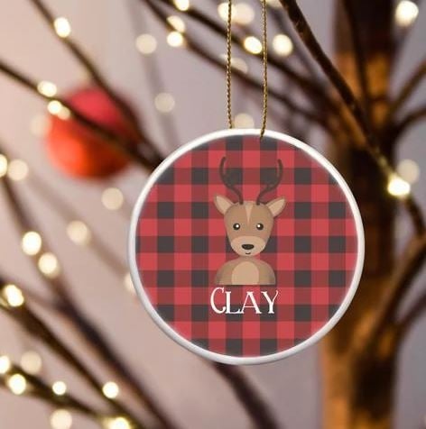 Reindeer Plaid Ceramic Ornament