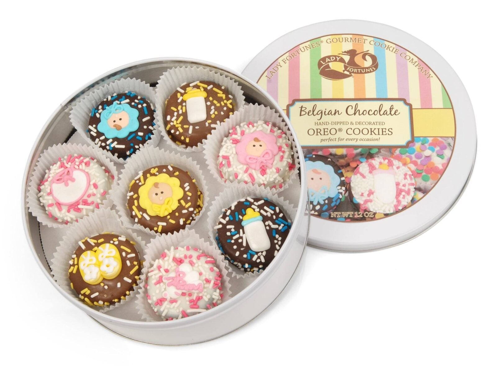 New Baby Hand Dipped & Decorated Sandwich Cookie- Tin of 16