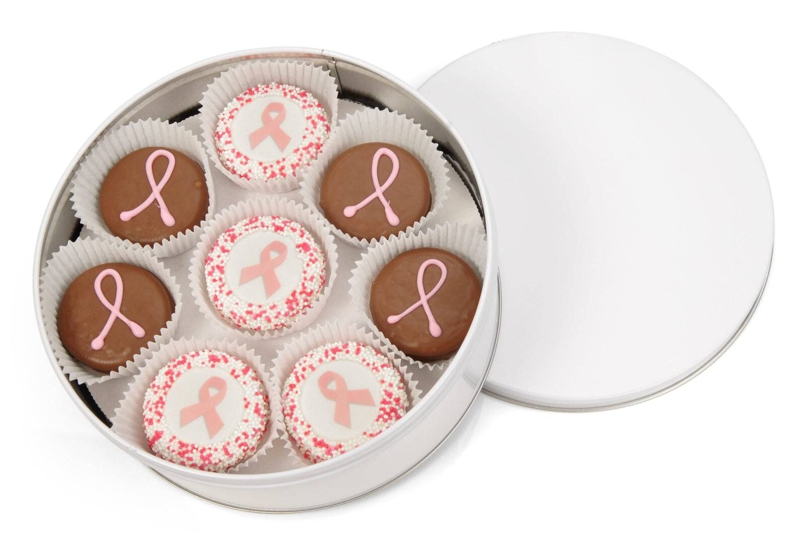 Pink Ribbon Hand Dipped & Decorated Sandwich Cookie- Tin of 16