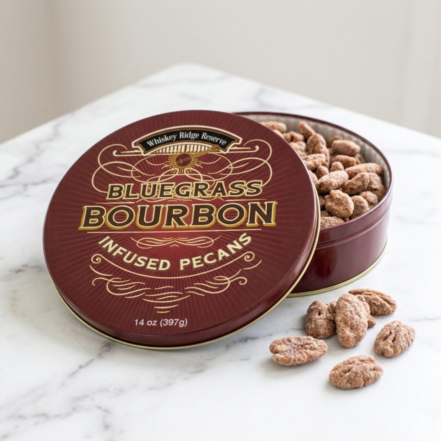 Bourbon Pecan Tin 14 Oz Candied Nuts