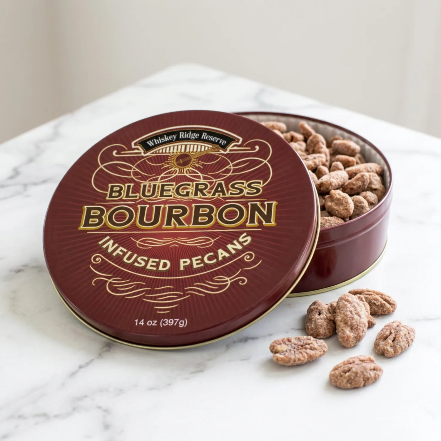 Bourbon Pecan Tin 14 Oz Candied nuts
