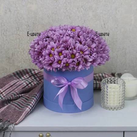 Pink chrysanthemums in a flower box