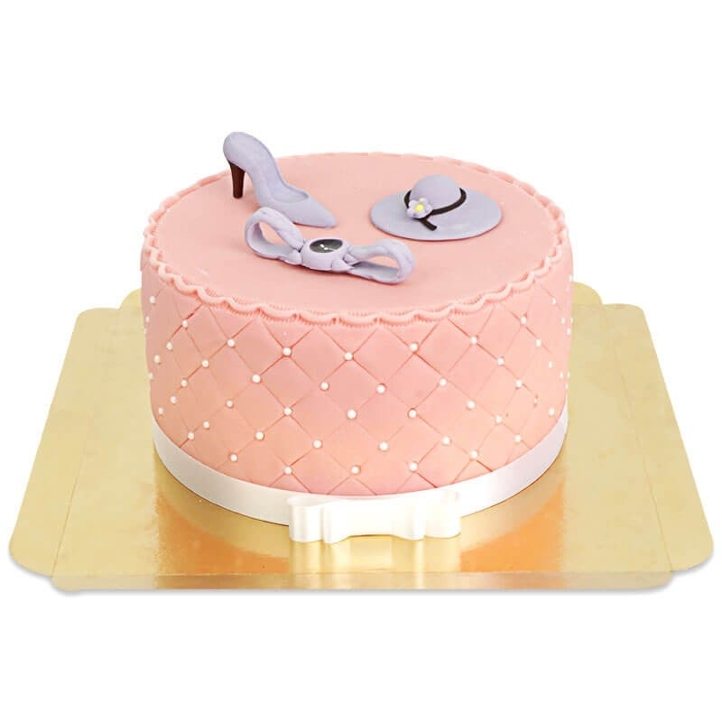 Deluxe Make-Up Cake with colorful sugar decorations and white ribbon (Medium (26 cm (30 pieces)))
