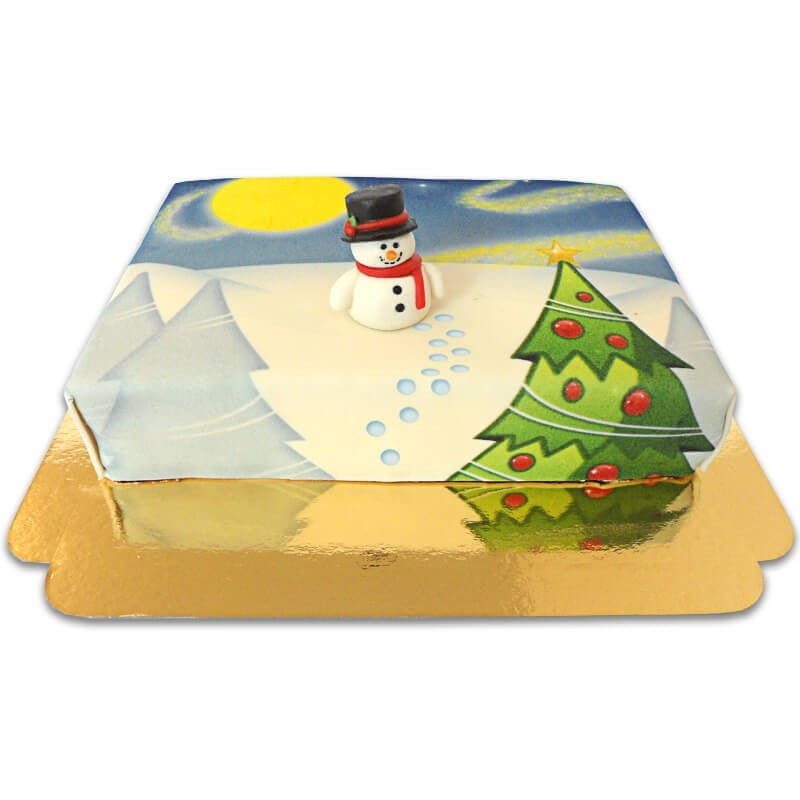 Snowman on winter landscape cake
