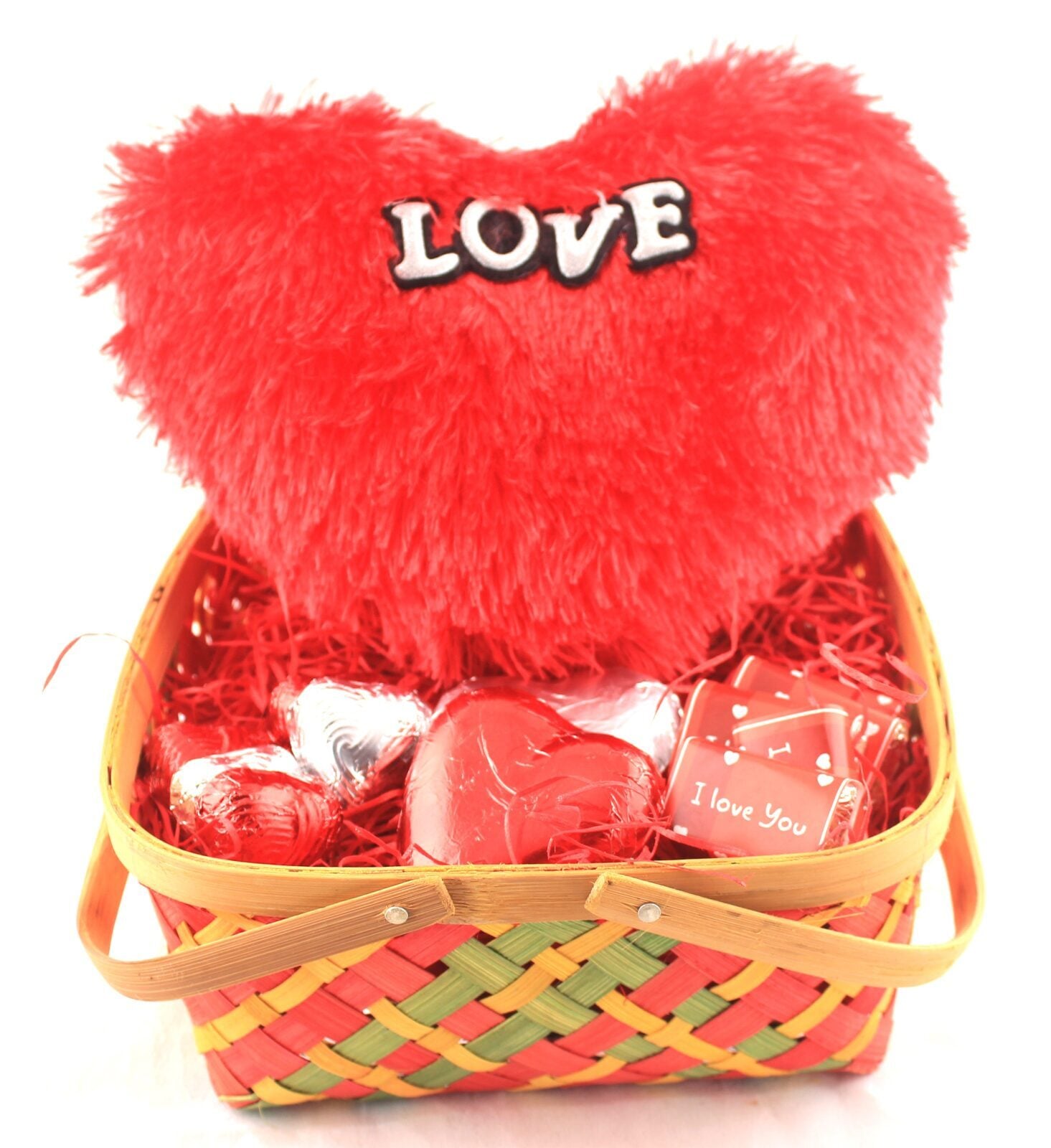 Love Basket Basket With Heart Stuffy, 5 Milk Chocoate Mini Hearts, 1 Milk Chocolate Big Heart And 5
