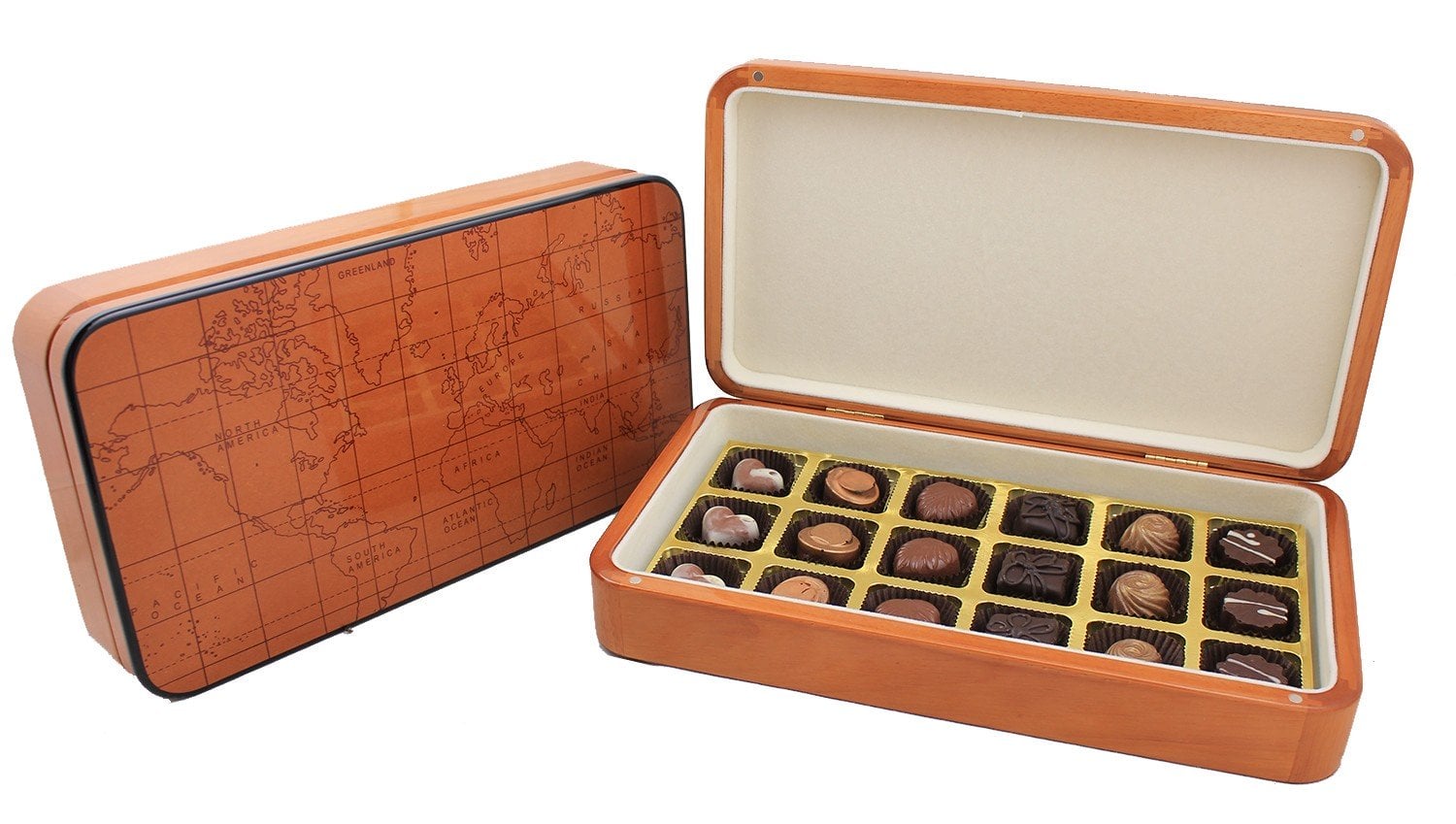 World Map wooden glossy box with 18 chocolates