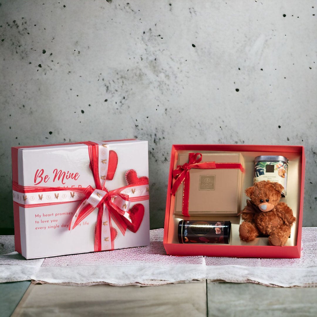 Luxury Chocolate Forever Together Valentines Gift | I love you printed Chocolates | 100G pure chocolate coated nuts | 100G handcrafted cookies | Teddy bear | 100% Veg