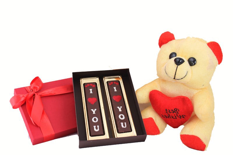 6 inch teddy bear with a big red box of 2 I love you bars