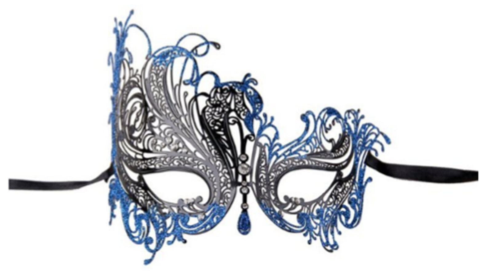 Black Swan Metal Filigree Venetian Glitter Mask artfully crafted with Rhinestone - Black Swan mask with Blue glitter