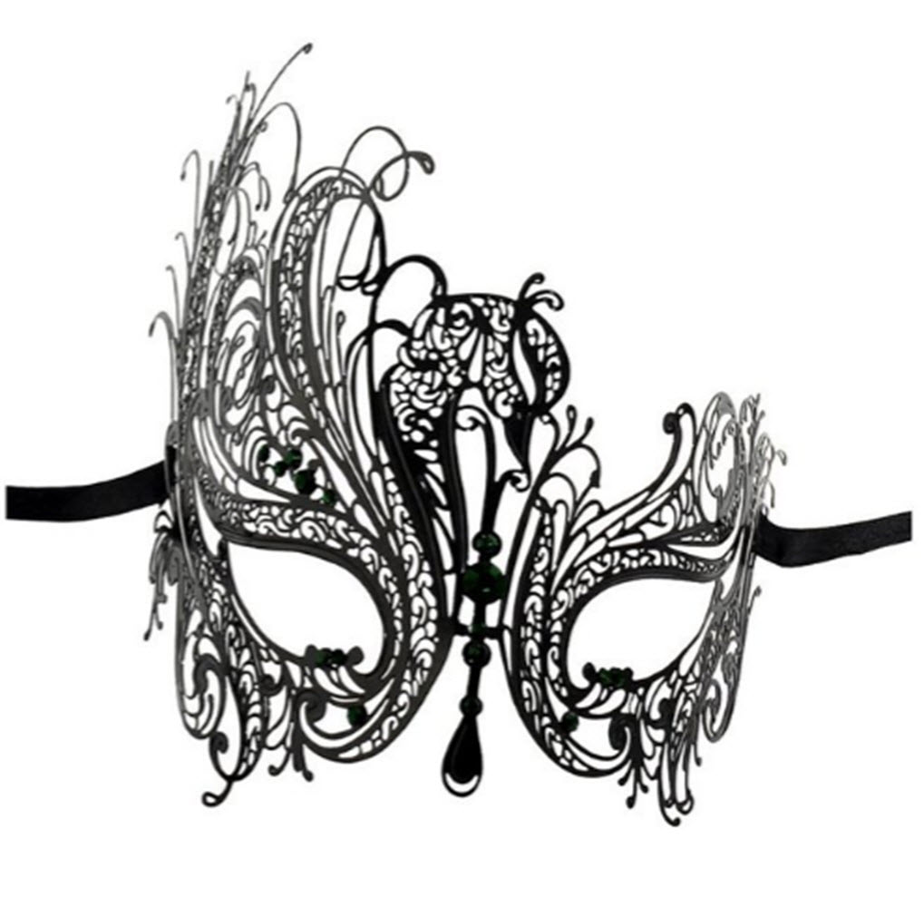 Black Swan Metal Filigree Laser Cut Venetian Mask crafted with Rhinestones -Black Swan mask with Green stones