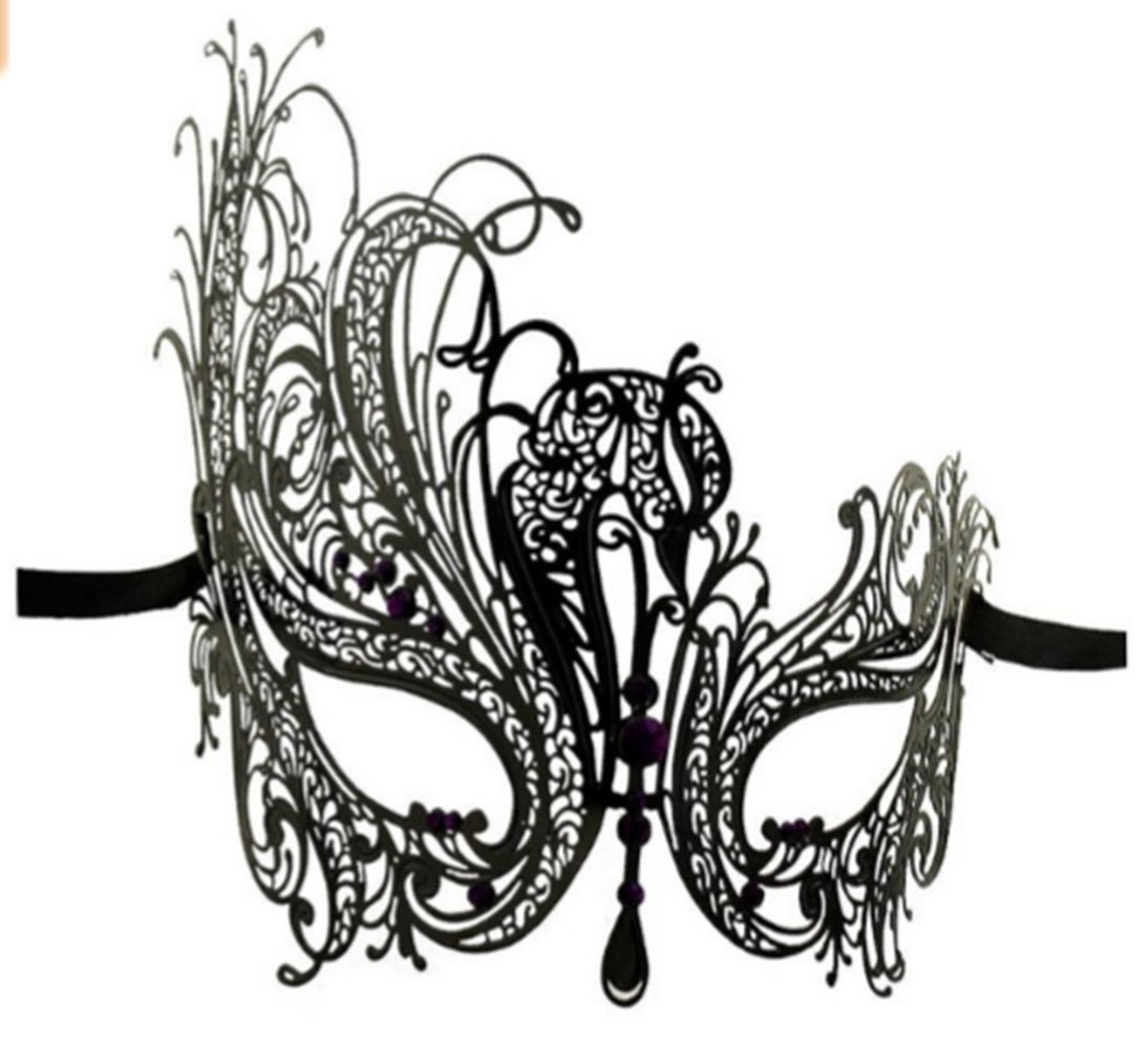 Black Swan Metal Filigree Venetian Glitter Mask artfully crafted with Rhinestone - Black Swan mask with Purple glitter