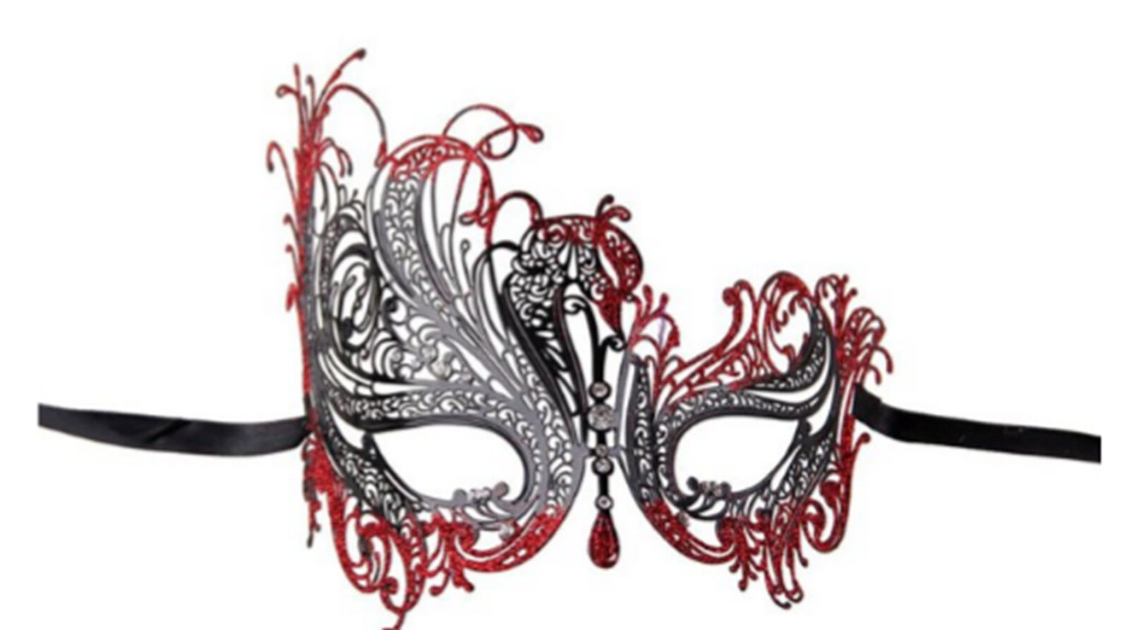 Black Swan Metal Filigree Venetian Glitter Mask artfully crafted with Rhinestone - Black Swan mask with Red glitter