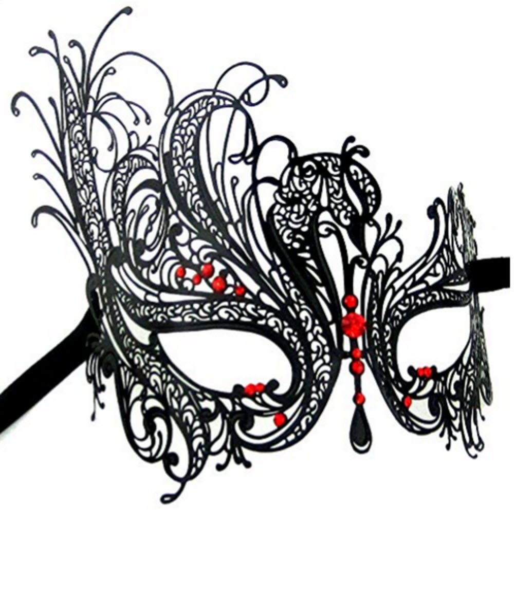 Black Swan Metal Filigree Laser Cut Venetian Mask crafted with Rhinestones -Black Swan mask with Red stones