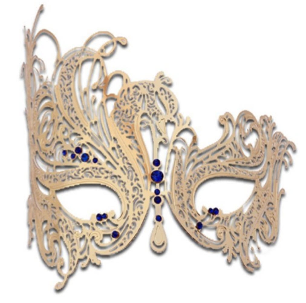 Women's Swan Metal Filigree Laser Cut Venetian Masquerade Mask delicately and artfully crafter with Rhinestones (Golden Swan mask with Blue Rhinestones)
