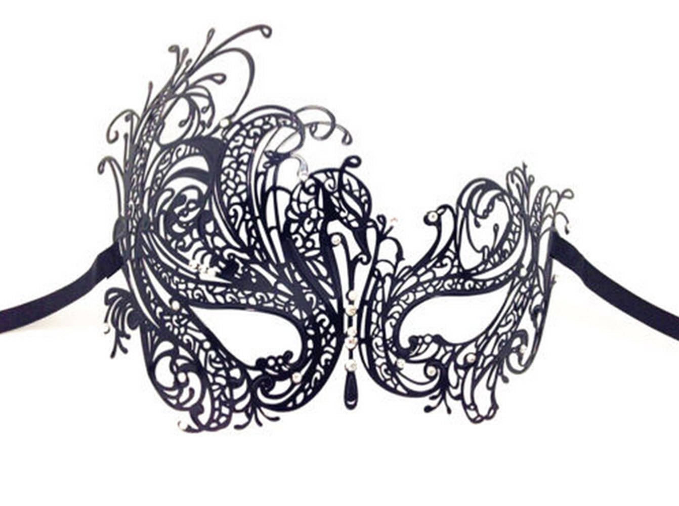 Black Swan Metal Filigree Laser Cut Venetian Mask crafted with Rhinestones -Black Swan mask with Clear stones