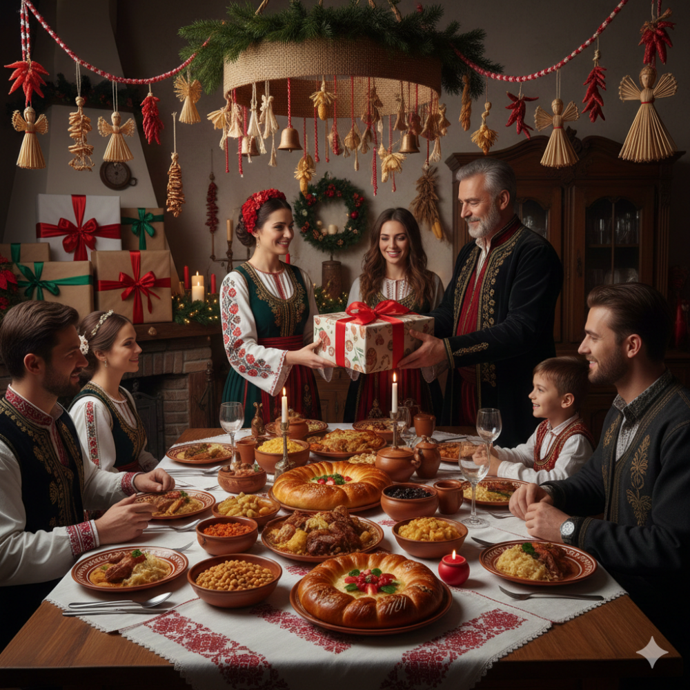 Christmas gifts delivery to Bulgaria featuring traditional Bulgarian holiday decorations and festive table settings