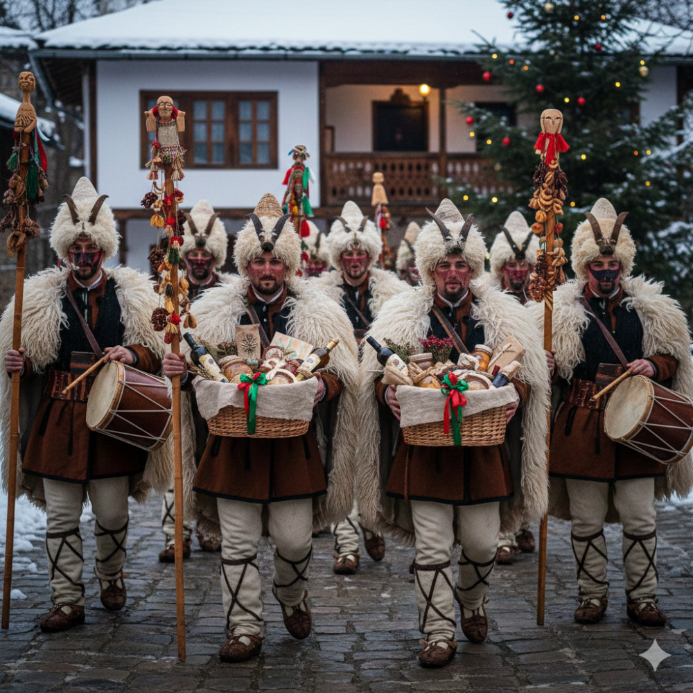 Christmas gifts corporate ideas inspired by Bulgarian Koledari tradition with carolers in traditional dress
