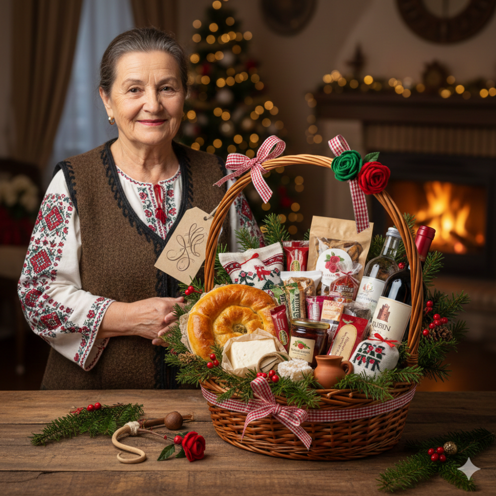 Christmas gift baskets delivery to Bulgaria featuring traditional treats, wine, and festive decorations