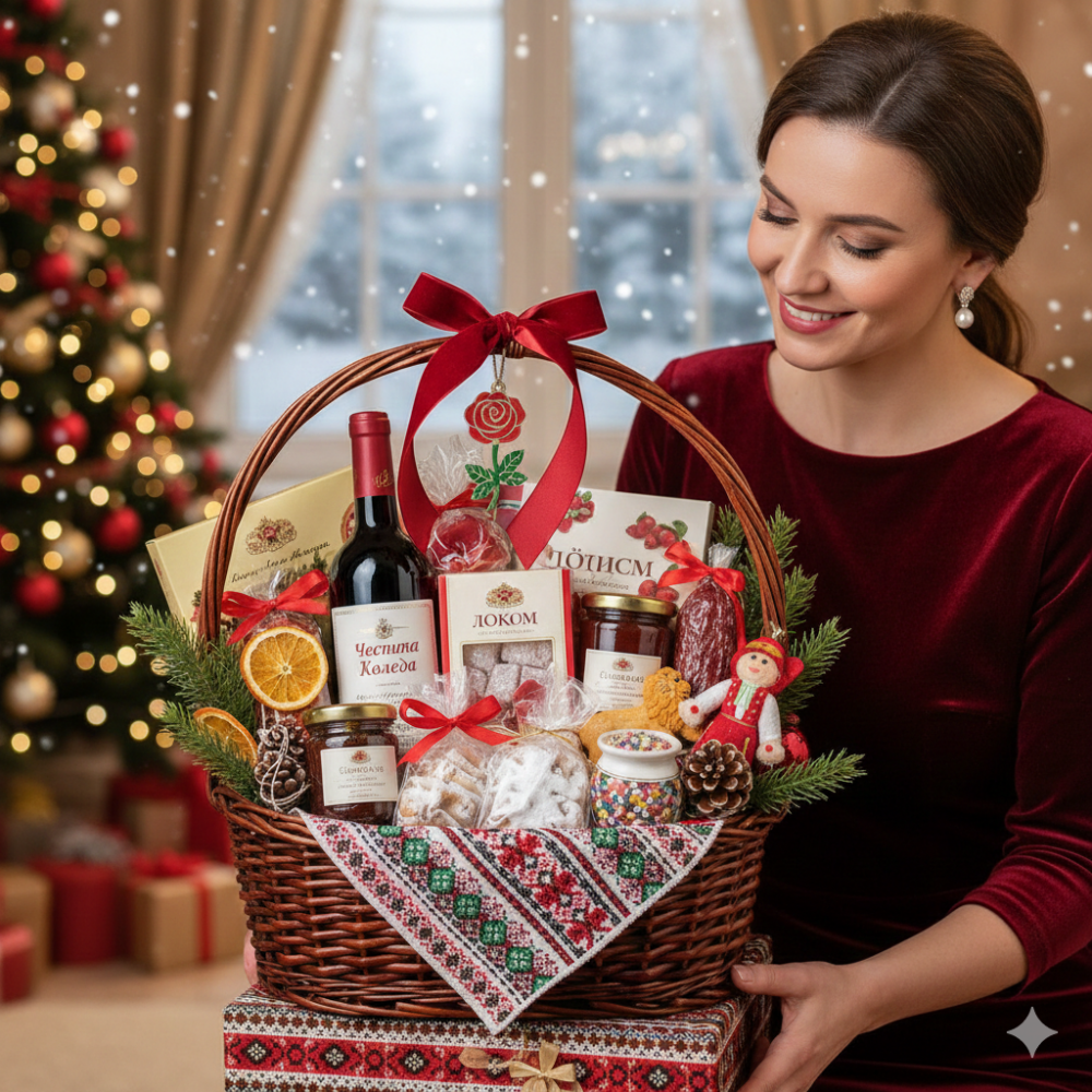 Christmas gift baskets delivery to Bulgaria featuring traditional treats, wine, and festive decorations