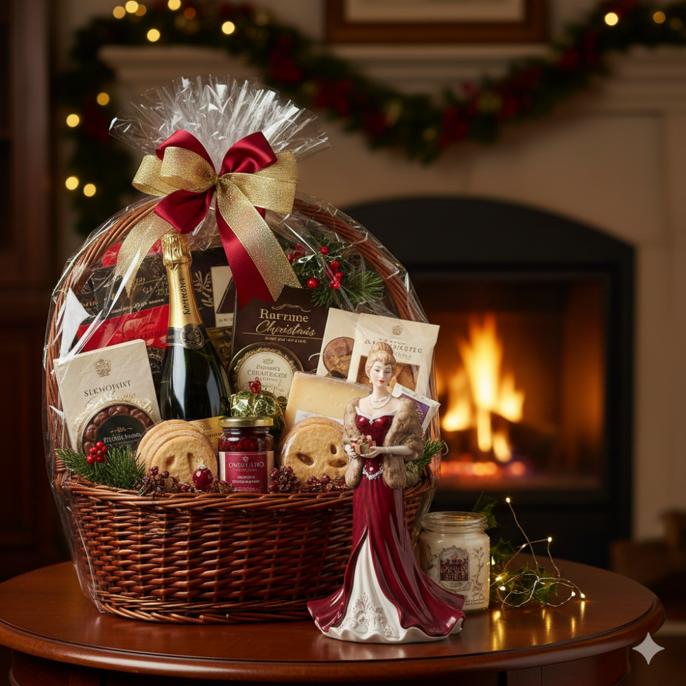 Christmas gift hamper ideas showing diverse baskets filled with gourmet foods, wines, and festive treats